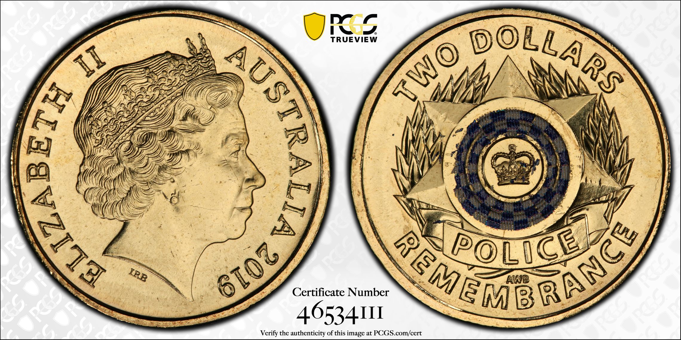 Elizabeth II, Police Remembrance Colorized , Two Dollar, 2019, PCGS MS65