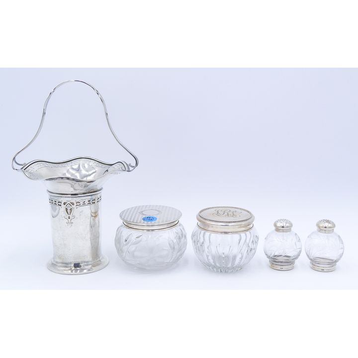 5pc Sterling Mounted Dresser Jars, Basket & Shakers