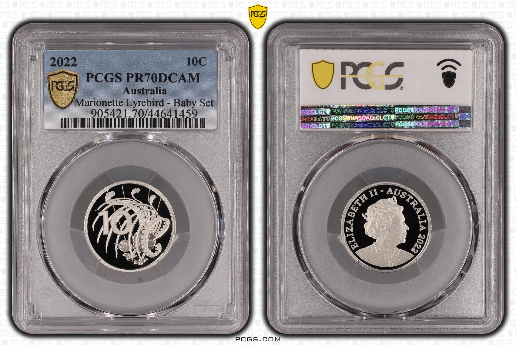 Elizabeth II, Marionette Lyrebird - Baby Set, Ten Cent, 2022, PCGS PR70DCAM