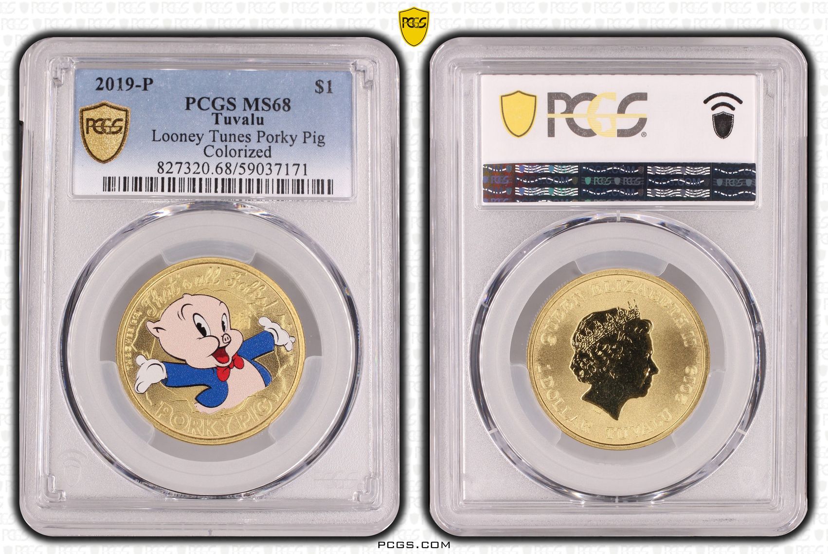 Tuvalu, Looney Tunes Porky Pig Colorized, One Dollar, 2019-P, PCGS MS68