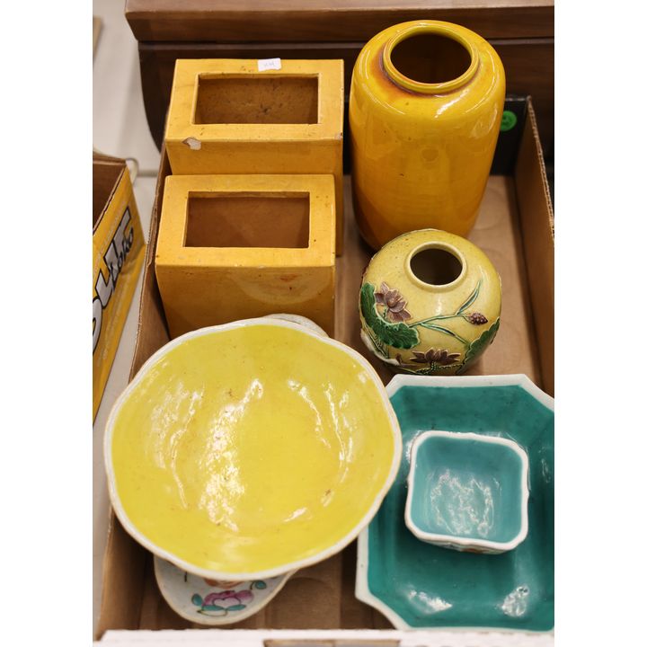 Box 8pc Old Chinese Pottery Vases & Porcelain Dishes