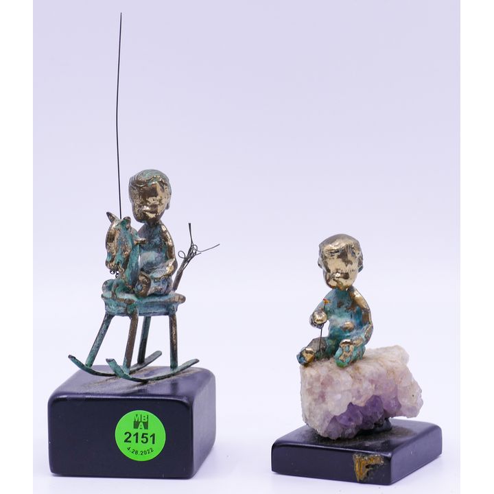 2pc Malcolm Moran 1972 Brass Children Sculptures- 3.5'' and 4.5''