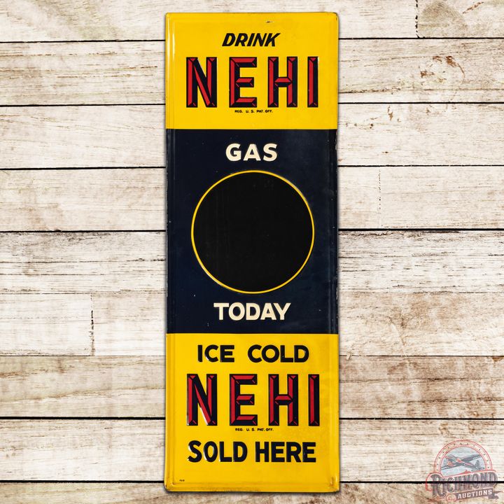 Drink Nehi "Gas Today" Sold Here Vertical Embossed SST Sign - 8.5