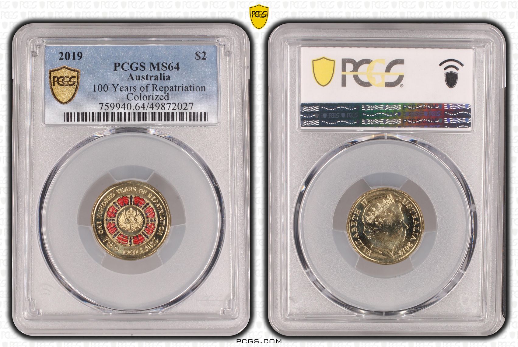 484 · Elizabeth II, 100 Years of Repatriation - Colorized , Two Dollar, 2019, PCGS MS64
