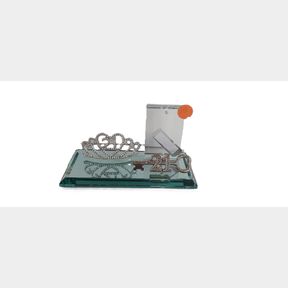 21ST KEY SILVER TIARA ON GLASS MIRRORED BASE WITH METAL AND PHOTO FRAME