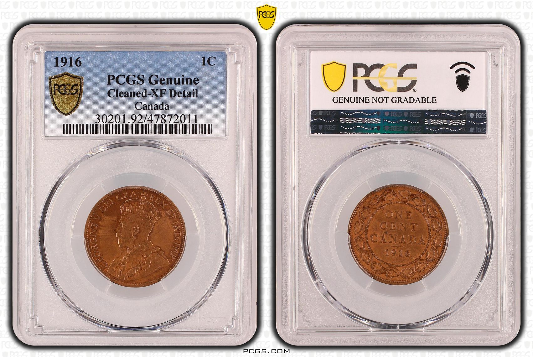 Canada, One Cent, 1916, PCGS Genuine - XF Details (92 - Cleaned)