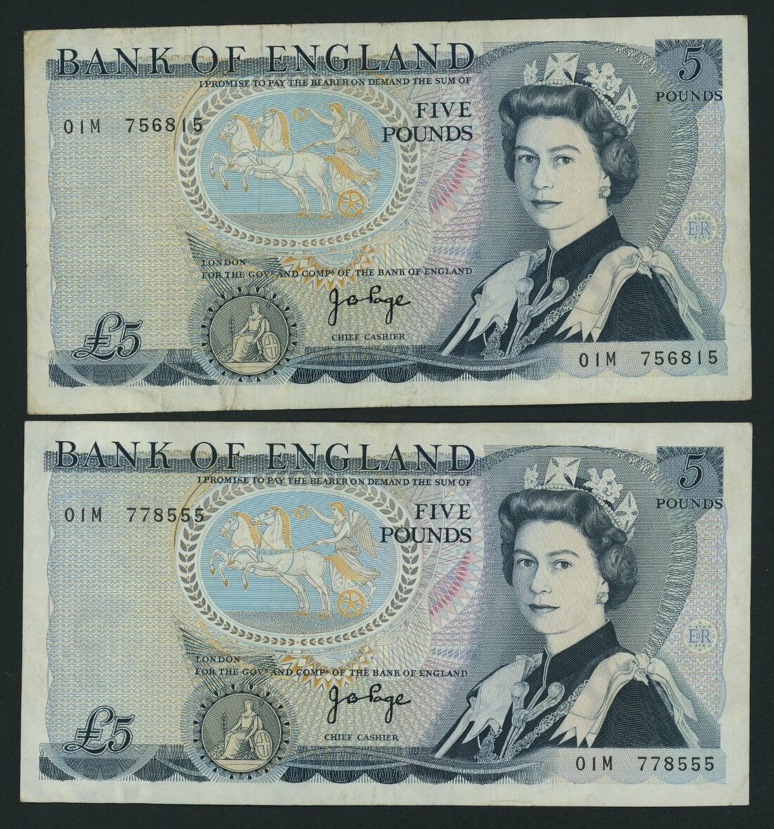 Bank of England, J. B. Page, [2 notes], £5, ND (1973), first run serial ...