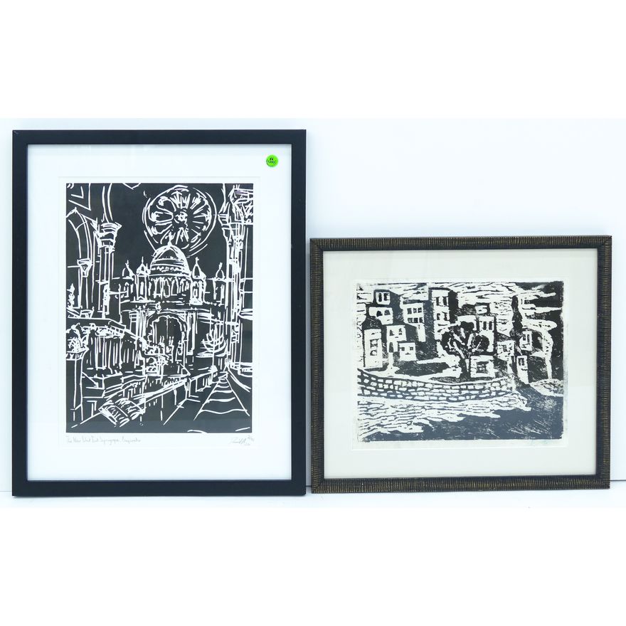 2pc Ethnic Modern Signed Woodcut Prints Framed 23''x18'' Largest