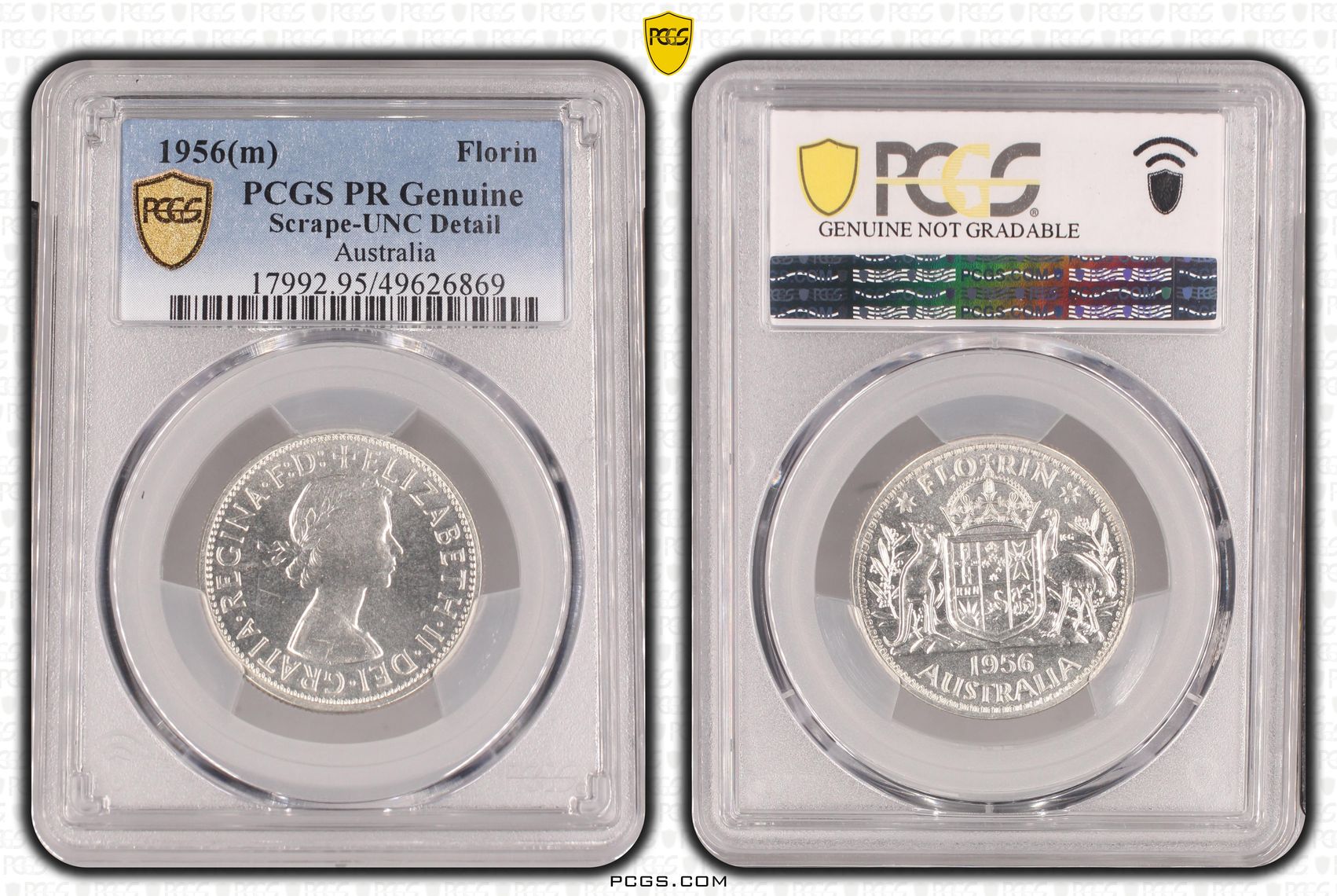 Elizabeth II, Florin, 1956(m), PCGS PR Genuine - UNC Details (95 - Scratch)
