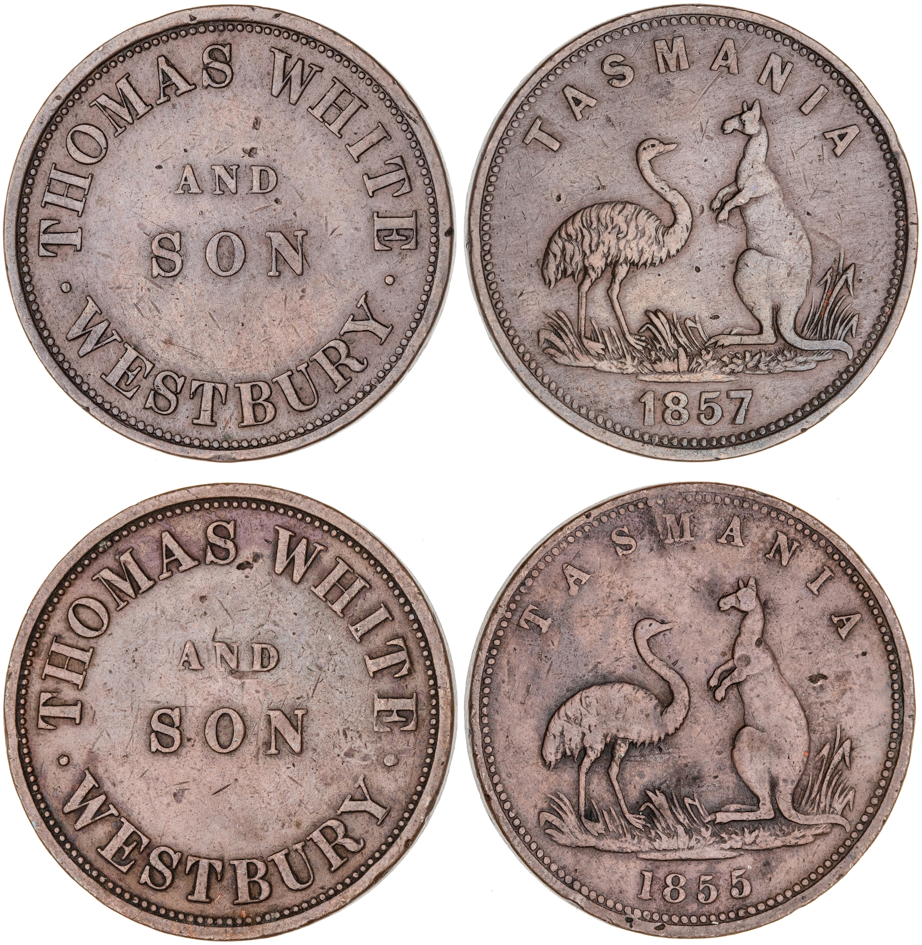 Westbury, Tasmania, Thomas White & Son, Penny, 1855, VF