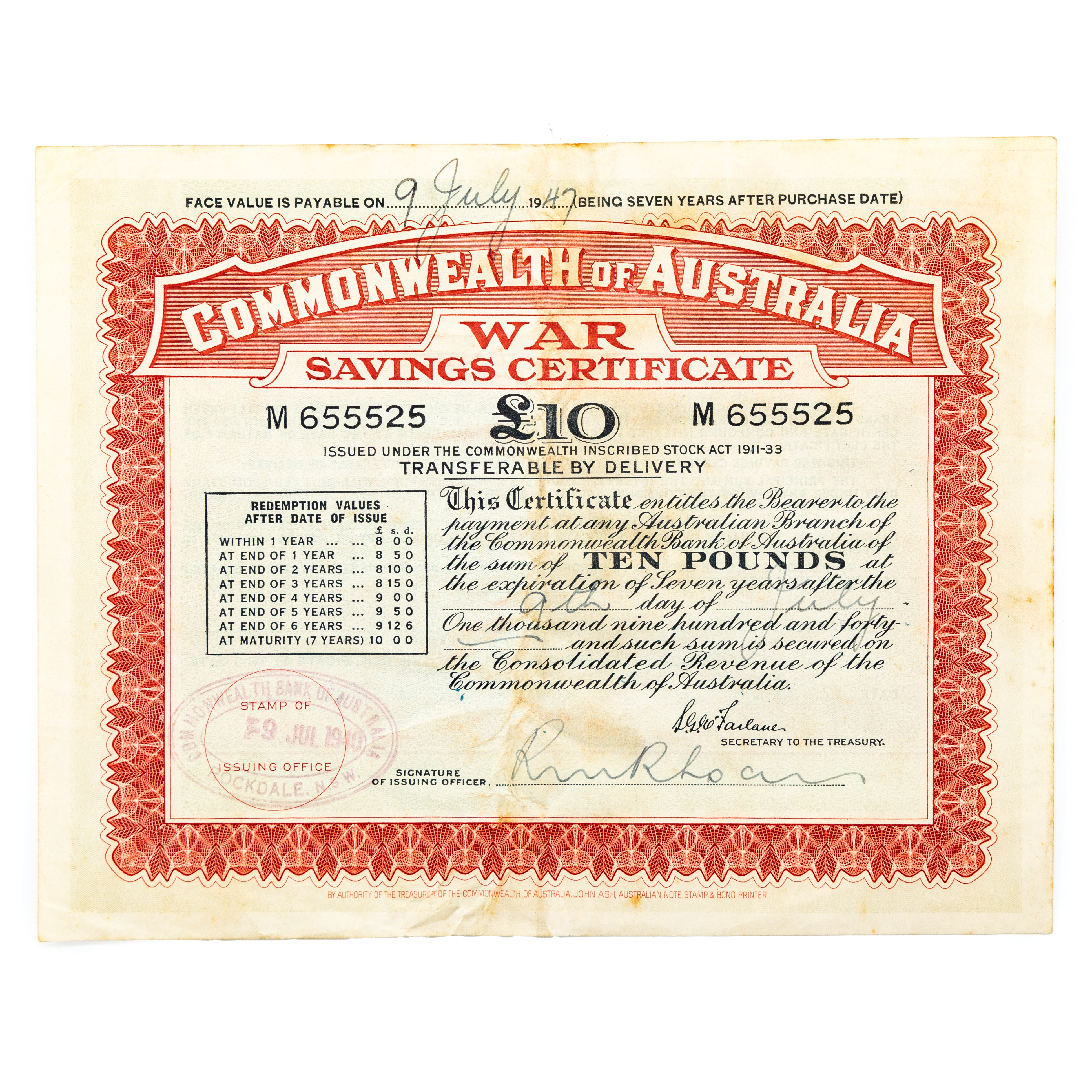 206 · War Savings Certificate, Ten Pounds, 1940,  Fine