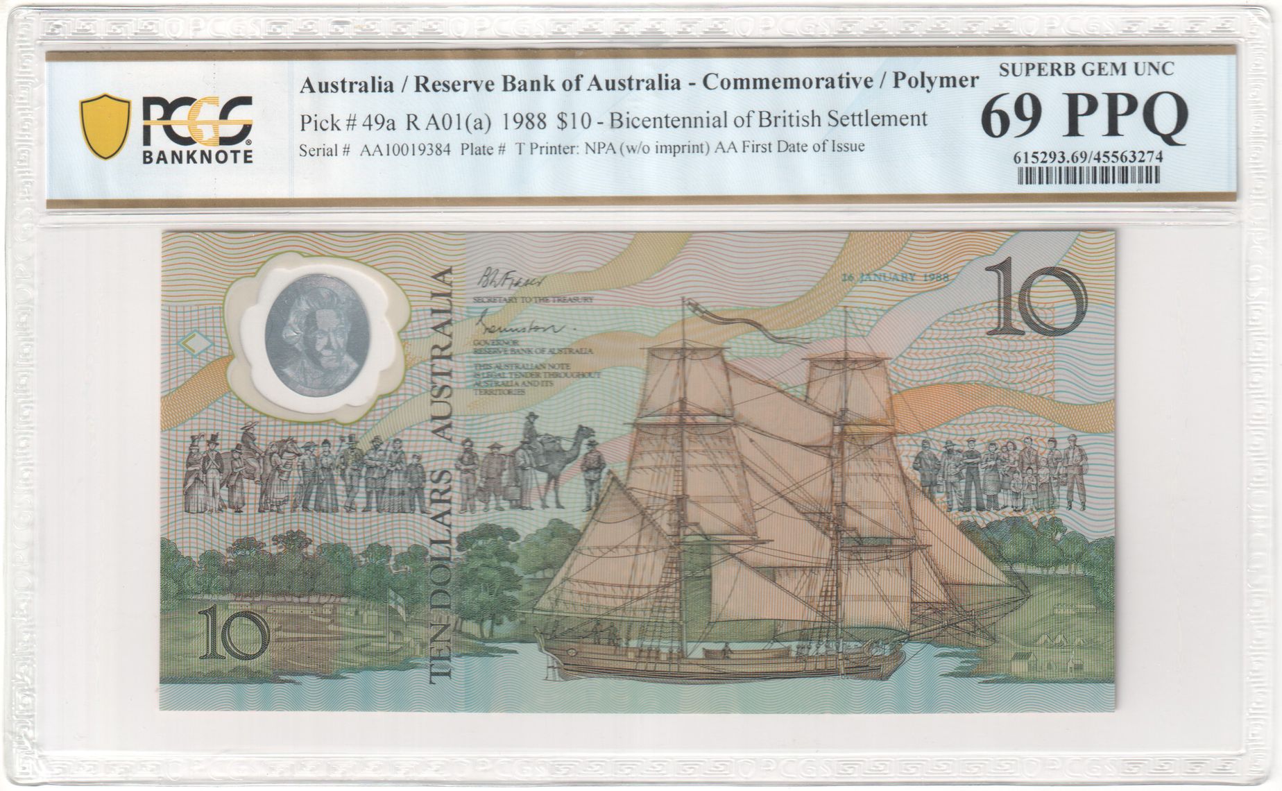 R. A01(a), RBA, Bicentennial of British Settlement, Prefix AA; First Date of Issue, Ten Dollar, 1988, PCGS - Superb Gem UNC 69 PPQ