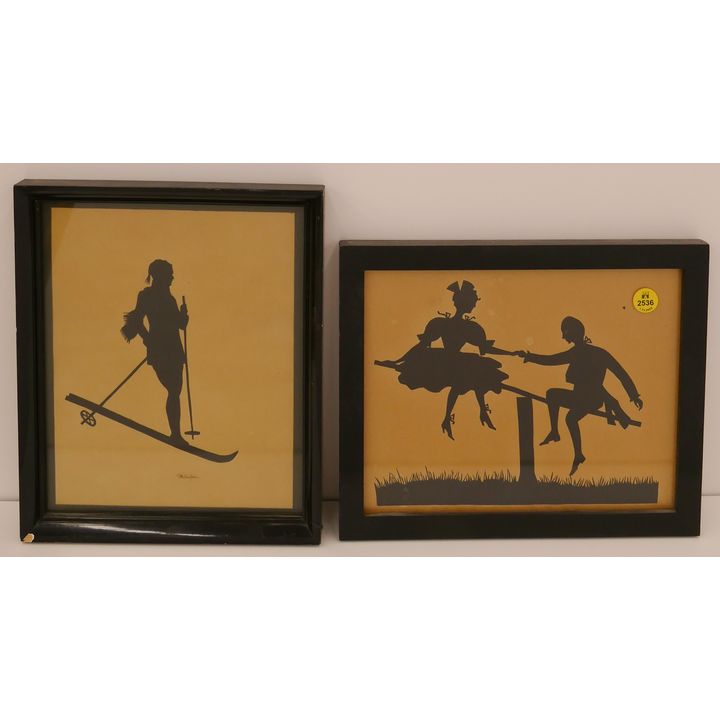 2pc Small Handcut Silhouettes Framed- Skier, Etc- Largest 11x9''
