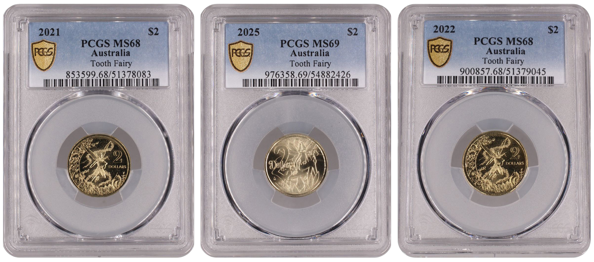Tooth Fairy Trio, Two Dollar, 2021 - 2025, PCGS MS68 - MS69