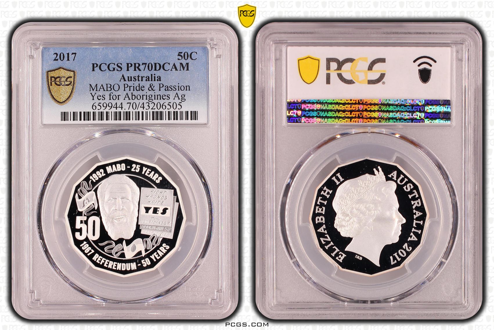 2017 Australia Fifty Cent, 50c Silver MABO Pride & Passion - Yes for Aborigines Ag PCGS - PR70DCAM POP 29/0 -505