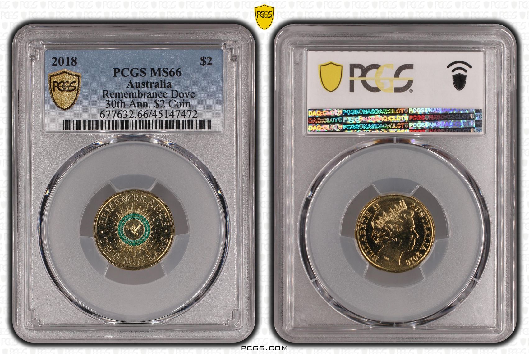 2018 Australia Two Dollar, $2 Remembrance Dove 30th Ann. $2 Coin PCGS - MS66 -472