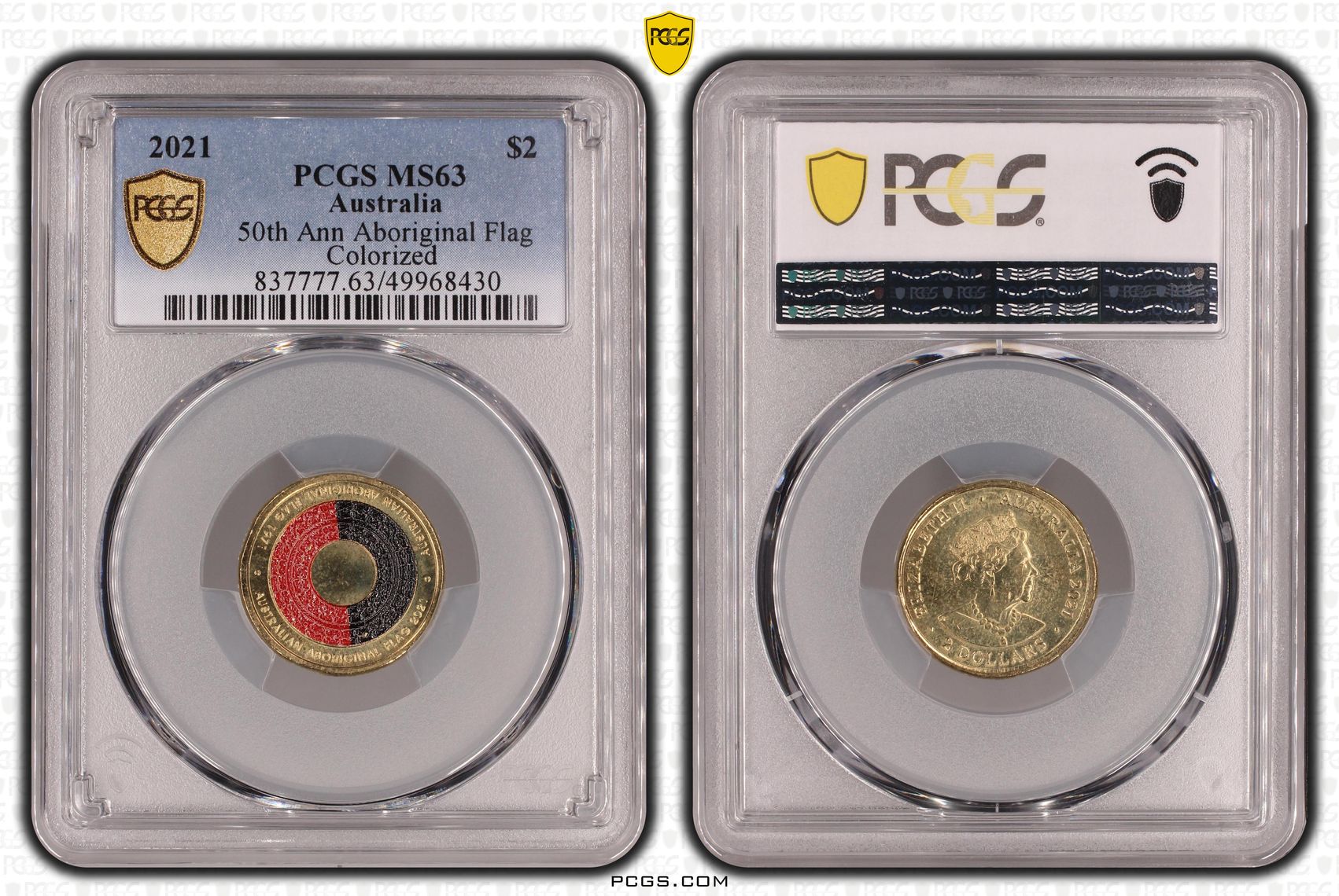 50th Ann Aboriginal Flag Colourised, Two Dollar, 2021, PCGS MS63