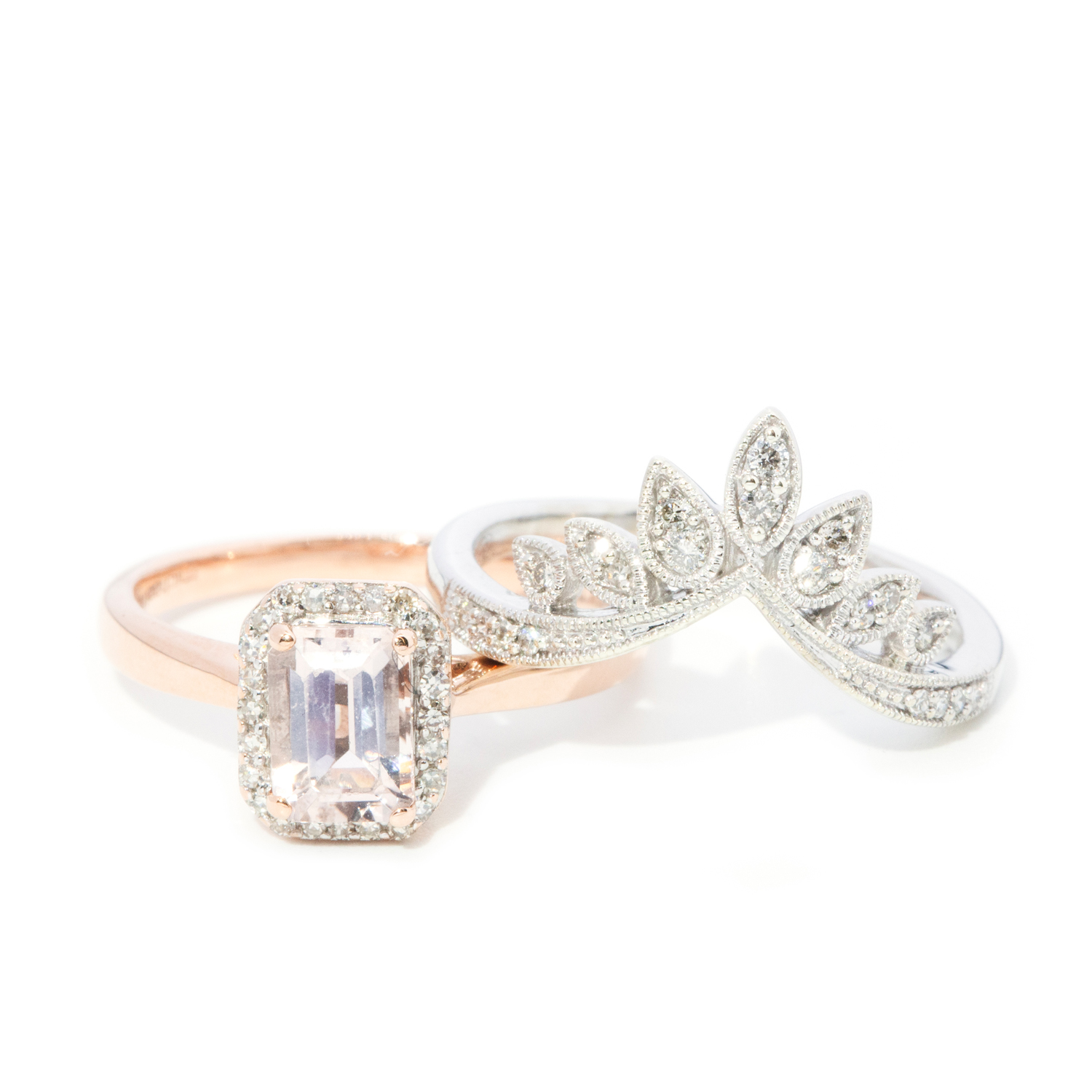 72 · Morganite and Diamond Ring and Diamond Crown Ring