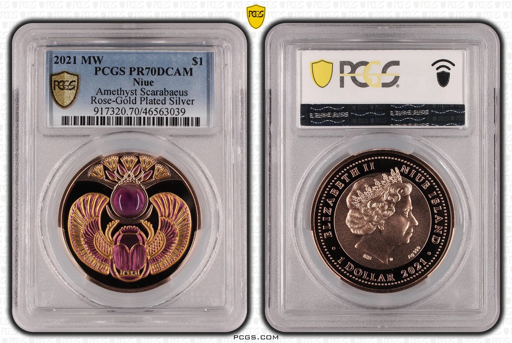 Niue, Amethyst Scarabaeus Rose-Gold Plated Silver, POP 1/0, One Dollar, 2021, PCGS PR70DCAM