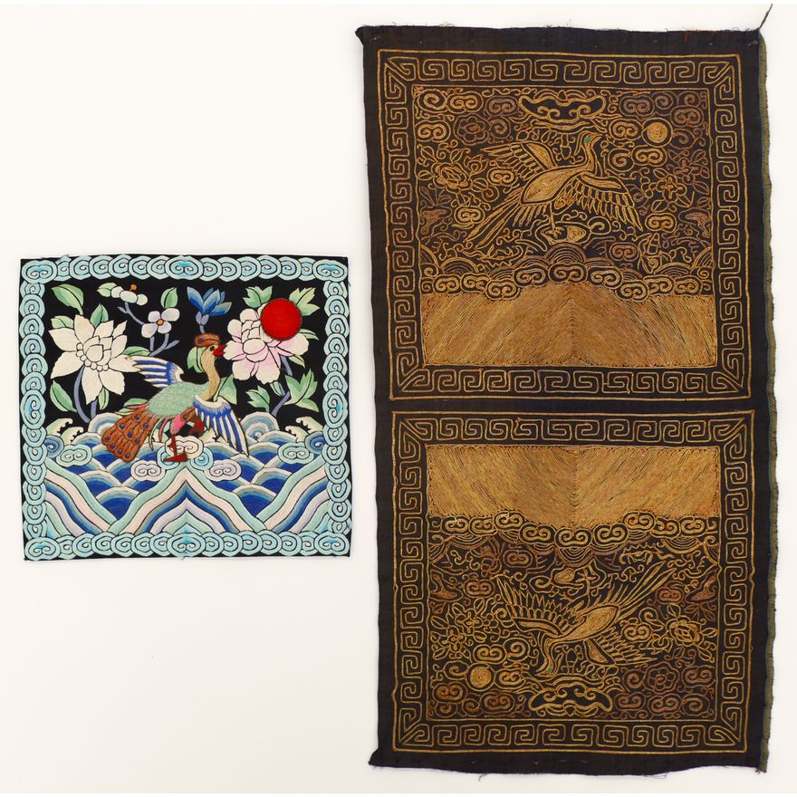 2pc Old Chinese Embroidered Silk Rank Badges Largest 20'' x 12''