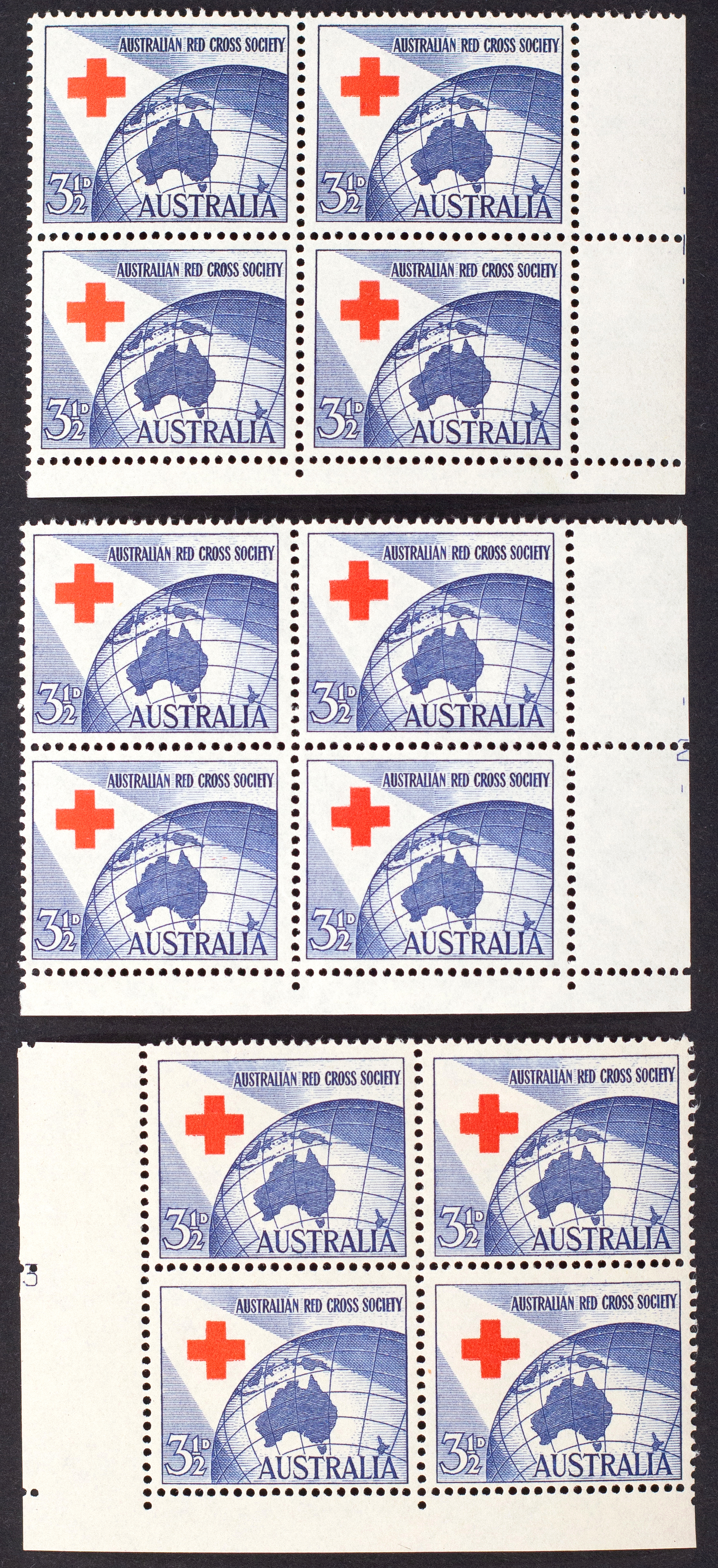 Block, Red Cross, Threepence Halfpenny, 1954, Fine