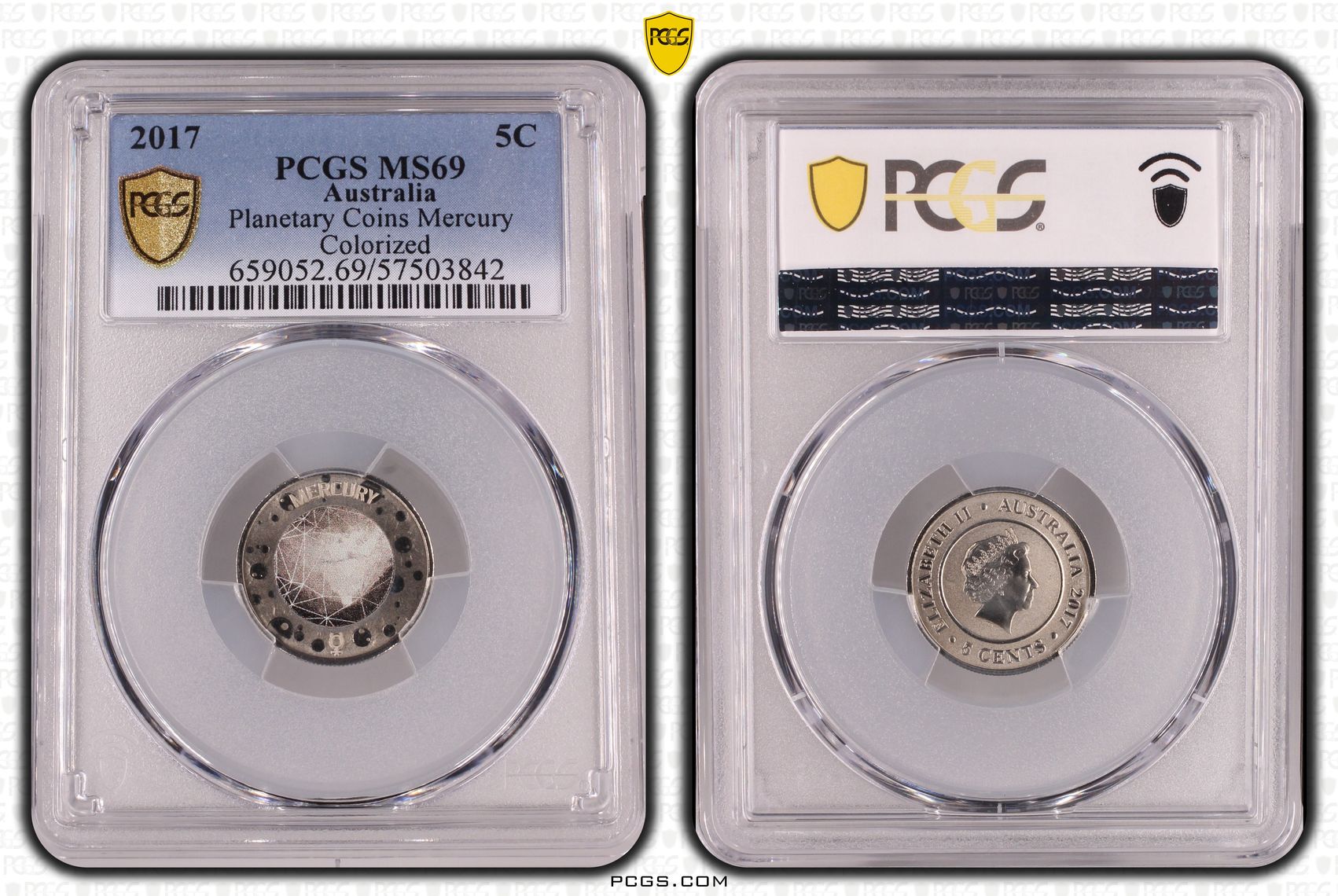 294 · Planetary Coins Mercury Colourised, Five Cent, 2017, PCGS MS69