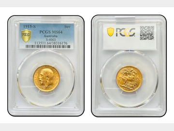 1915 GEORGE V SYDNEY MINT GOLD SOVEREIGN NGC MS64