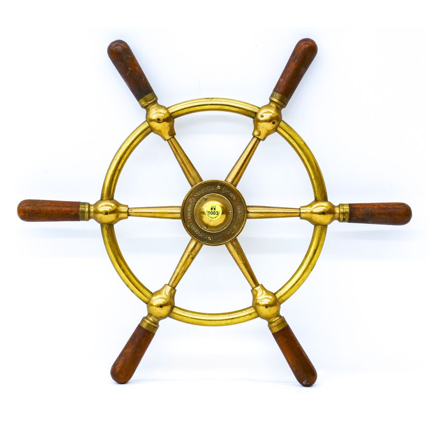 Vintage Brown Bros Wood & Brass Ships Wheel - Diameter 18''