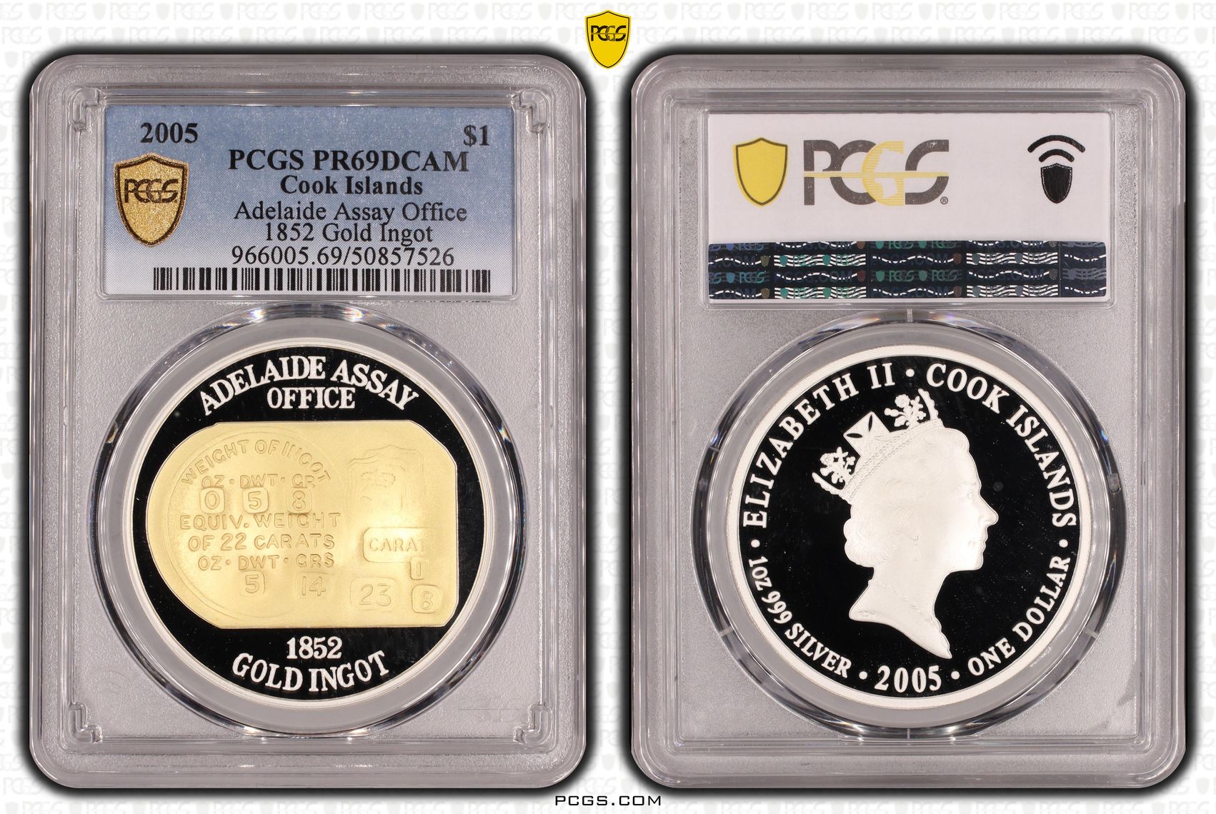 Cook Islands, Adelaide Assay Office - 1852 Gold Ingot POP 1/0, One Dollar, 2005, PCGS PR69DCAM