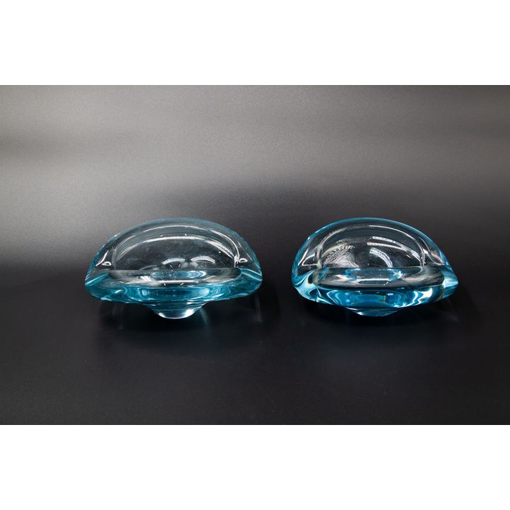 Holmegaard, Denmark - Two blue tinted blown glass ash trays