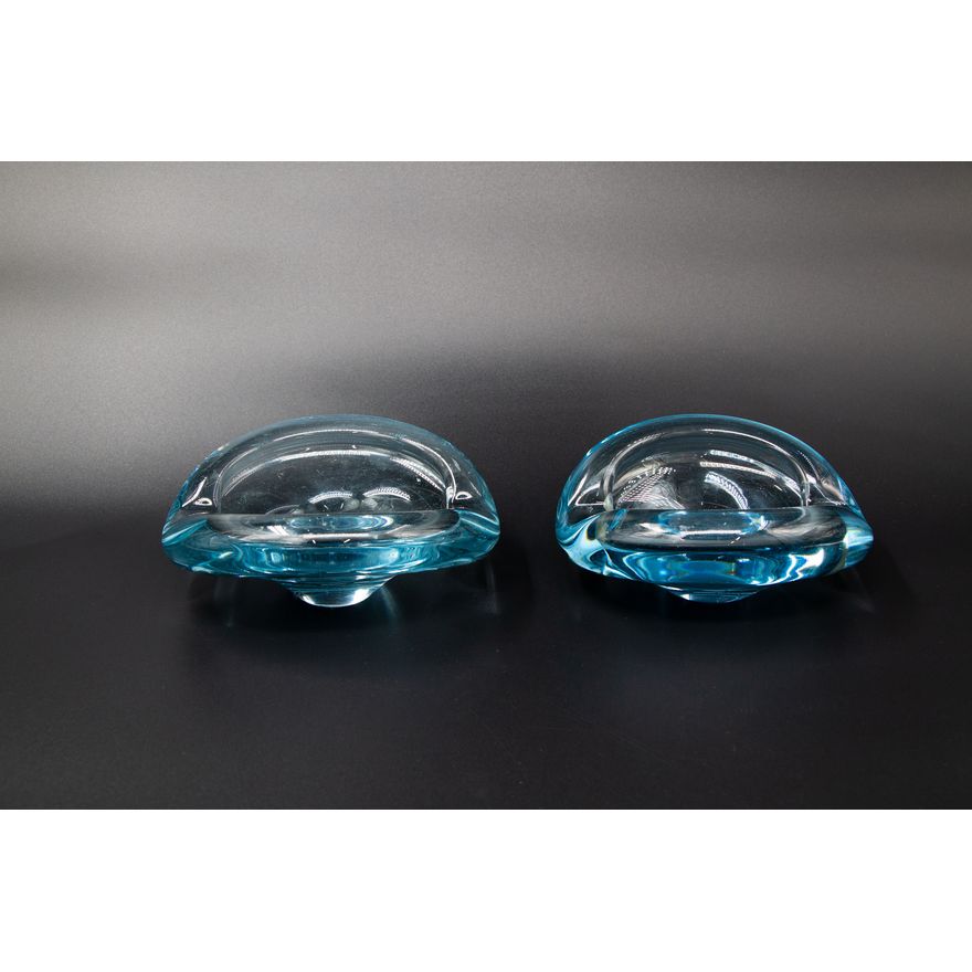 Holmegaard, Denmark - Two blue tinted blown glass ash trays