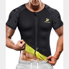 SMALL NINGMI MENS SWEAT NEOPRENE SAUNA SUITS FOR WEIGHT LOSS BODY SHAPER FITNESS WORKOUT TOP SHIRT ZIPPER SHORT SLEEVE