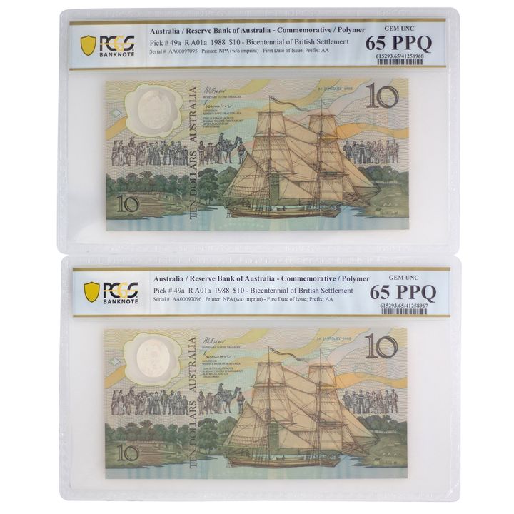Consecutive Pair, Johnston/Fraser, Ten Dollars, 1988, 65 PPQ