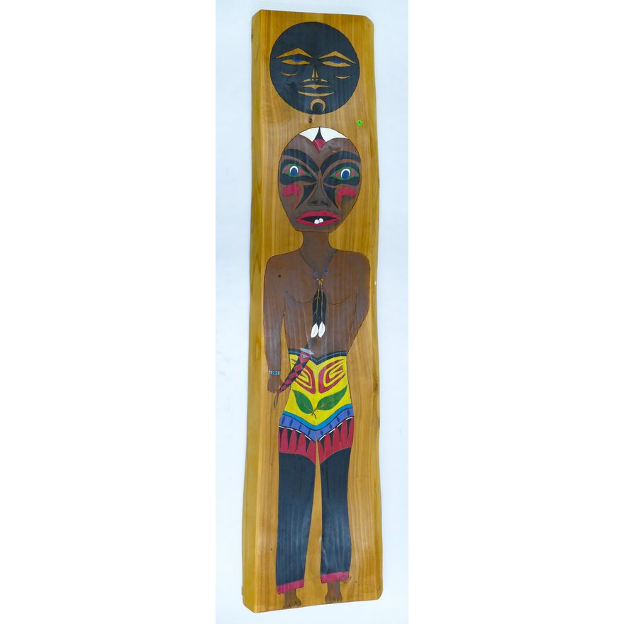 NW Coast Warrior with Moon Large Carved Cedar Panel 82''x18''