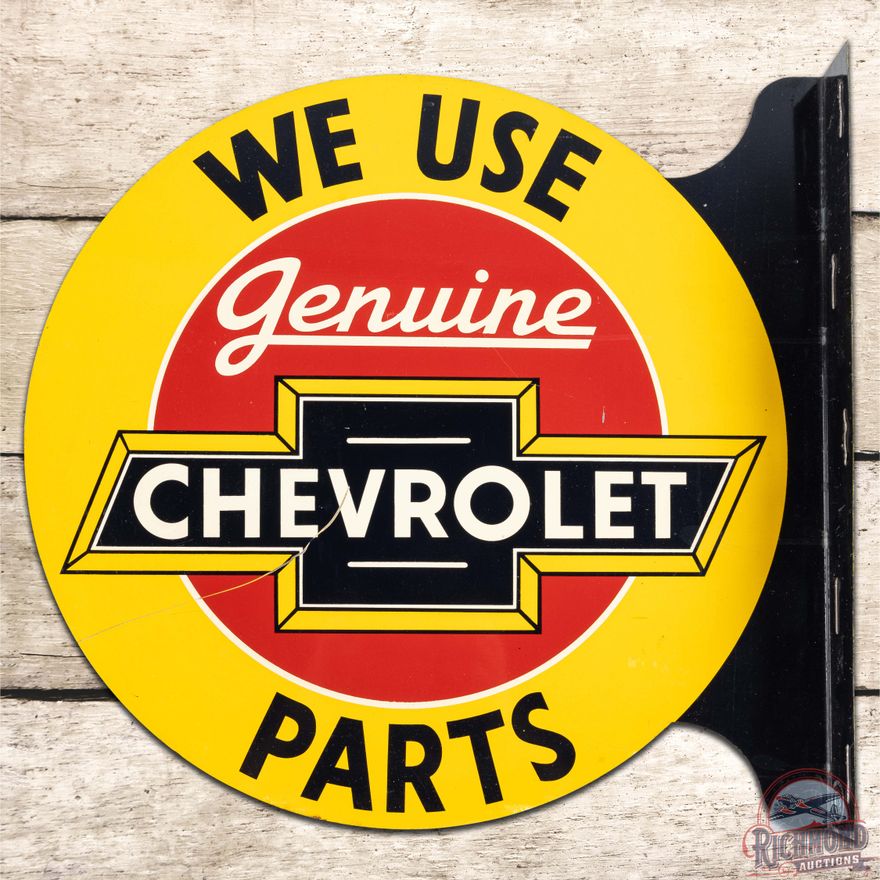 We Use Chevrolet Genuine Parts DS Tin Flange Sign w/ Logo