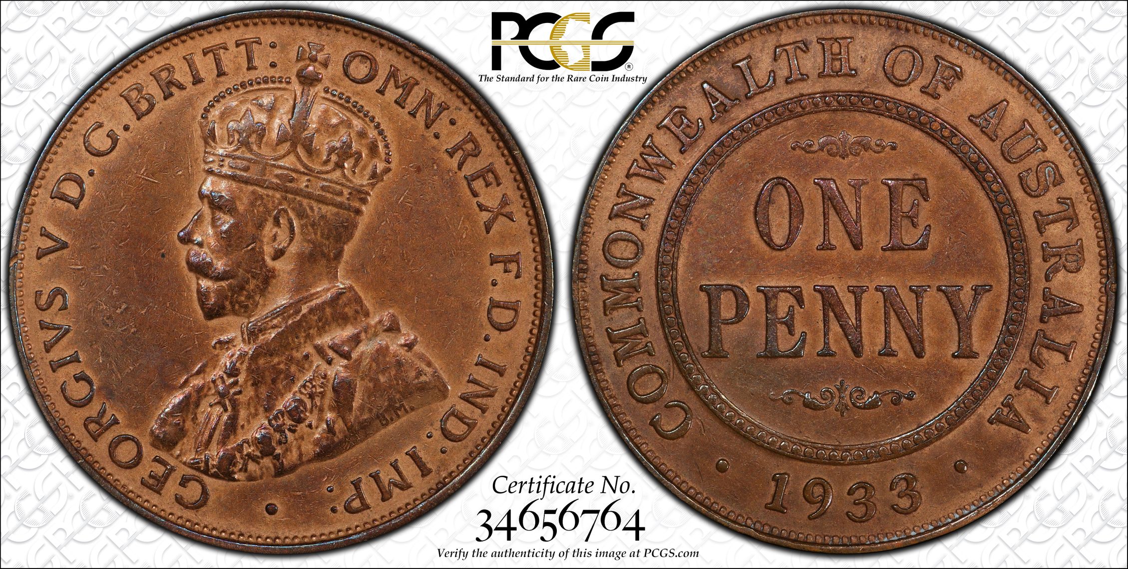 George V, Penny, 1933/2, PCGS Genuine Cleaned-AU Detail