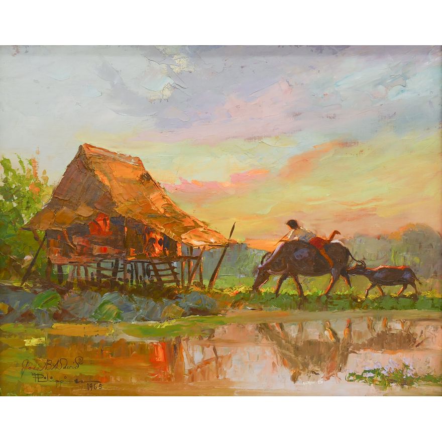 Jose David (1909-1990 Philippines) 'Bayanihan Landscape' Oil on Board, 1965