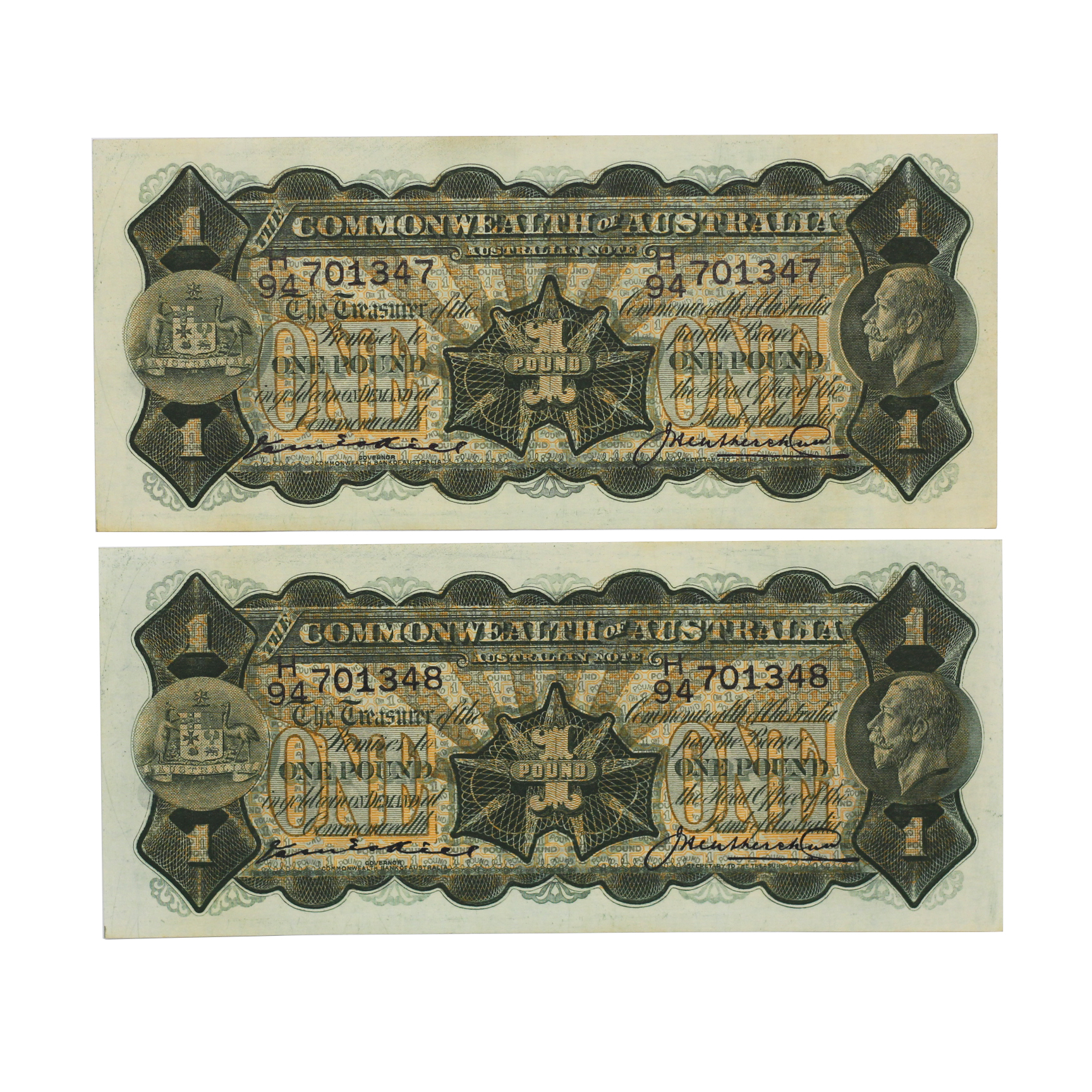 1875. · Consecutive Pair, Kell/Heathershaw,  One Pound, 1927, UNC