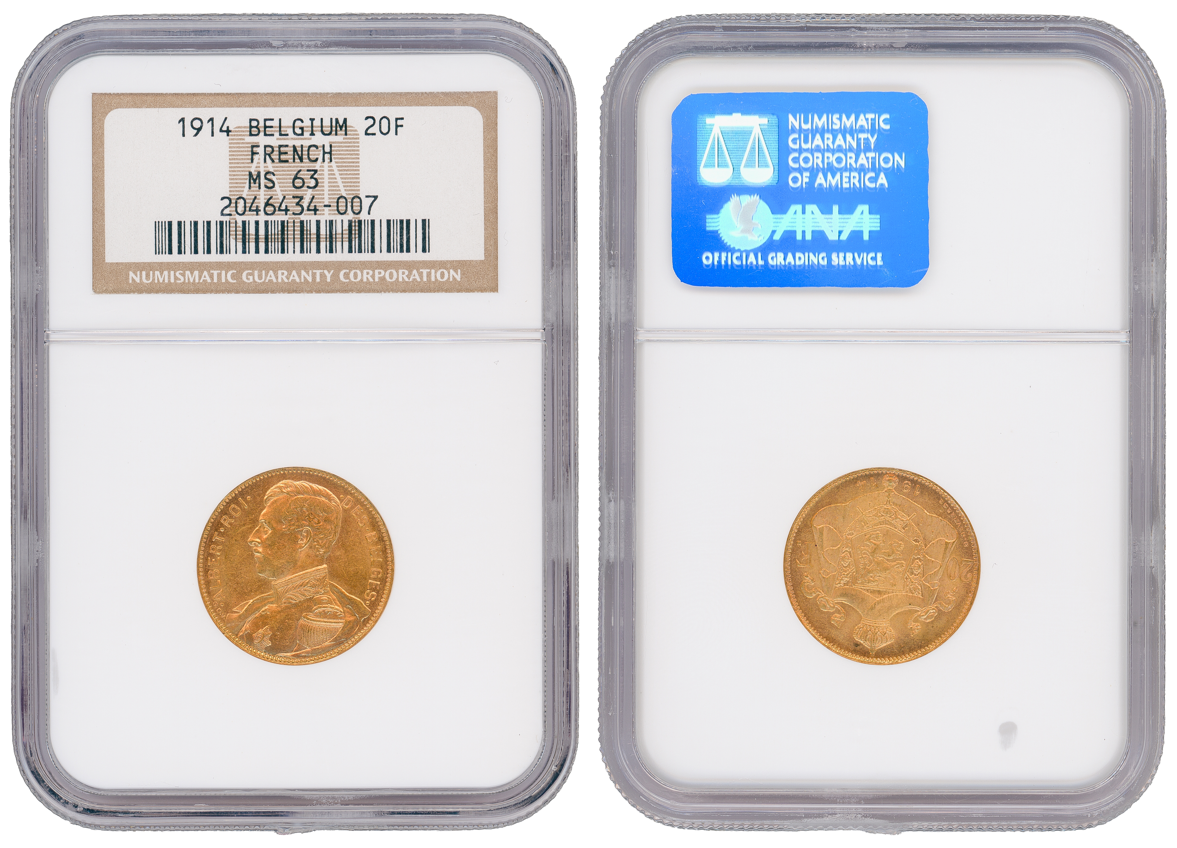 98 · Belgium, Albert I, French Text, Twenty Francs, 1914, NGC MS63