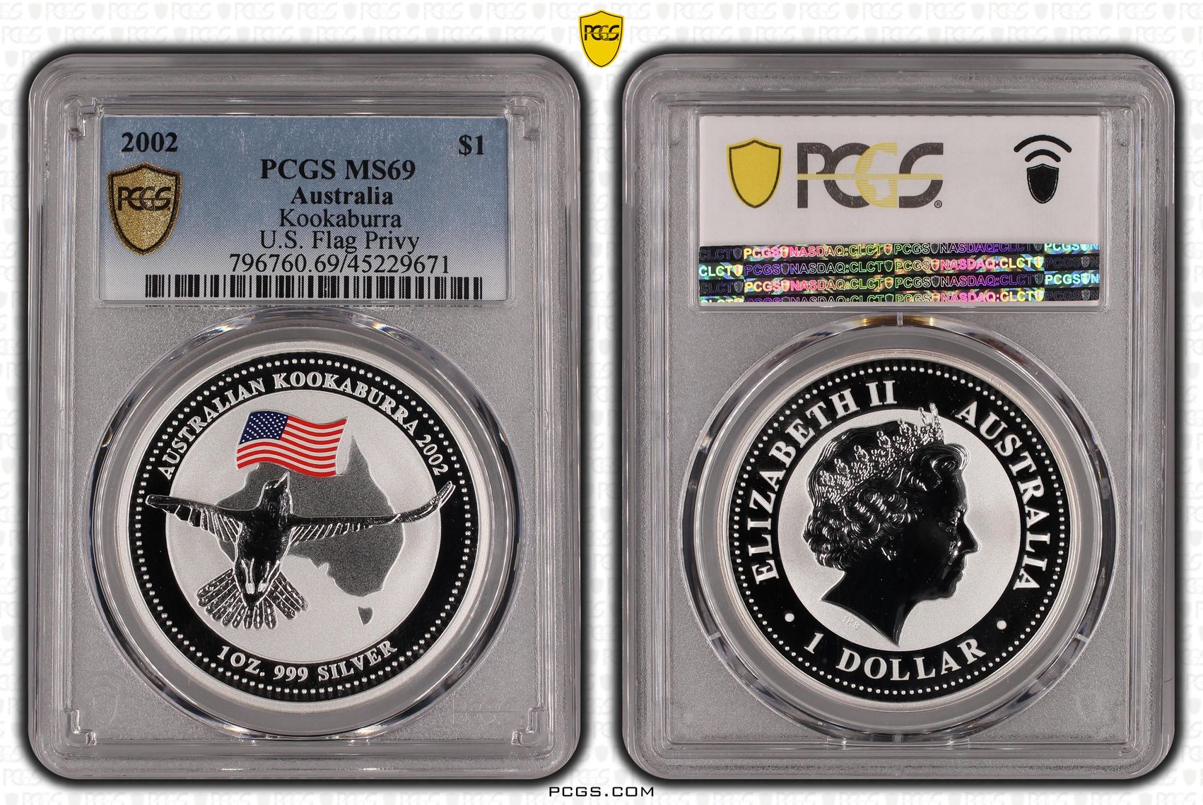 Kookaburra, 1oz Silver, One Dollar, 2002, PCGS MS69
