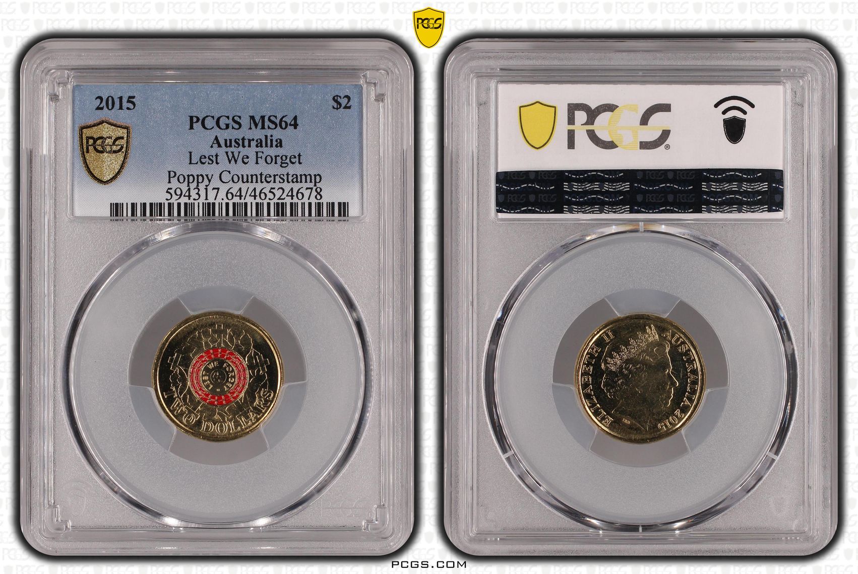 Lest We Forget Poppy counterstamp, Two Dollar, 2015, PCGS MS 64
