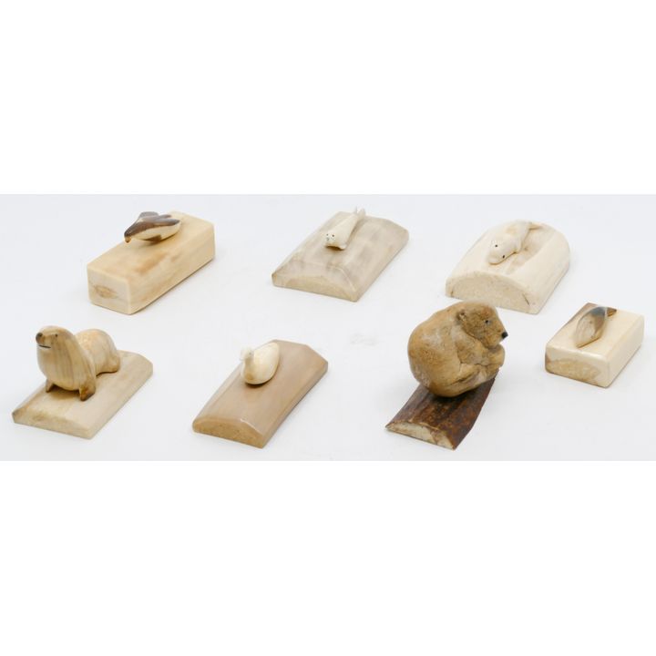 7pc Inuit Carved Animals on Tusk Stands Largest 3''