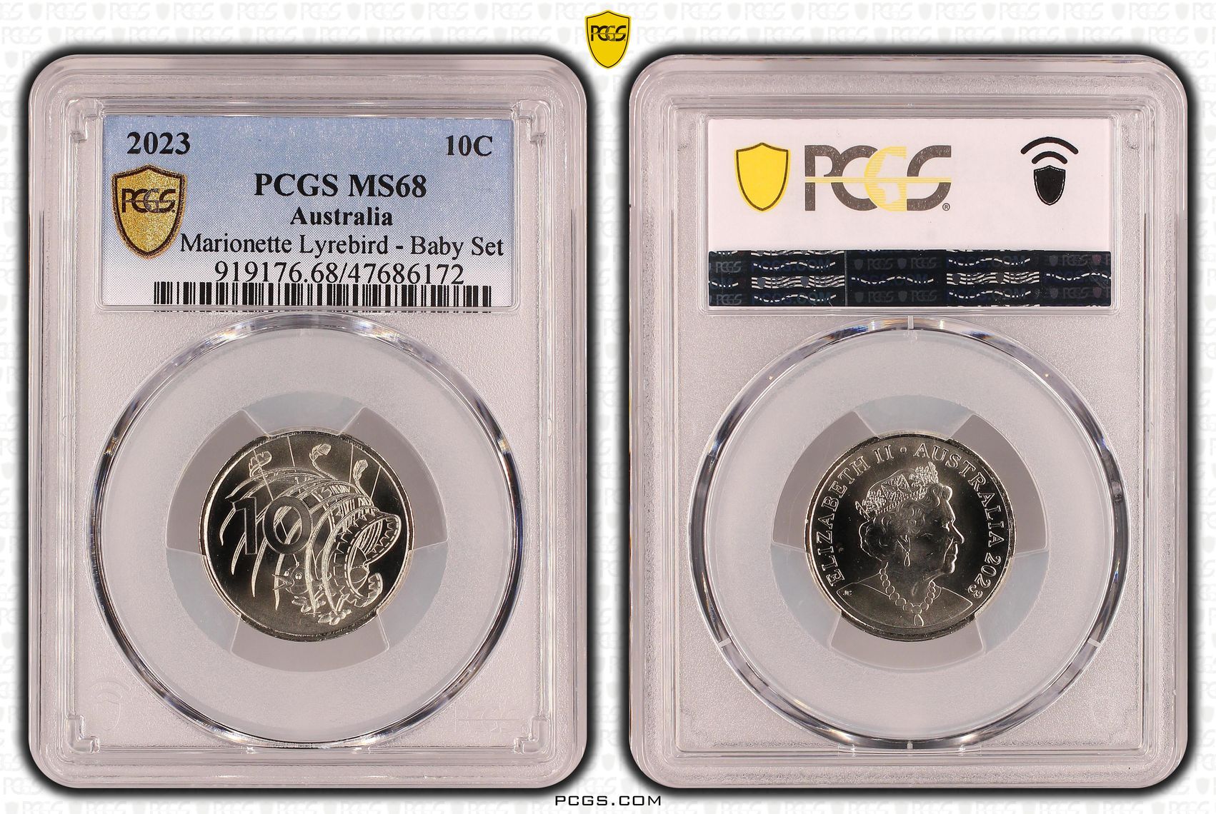 Elizabeth II, Marionette Lyrebird - Baby Set, Ten Cent, 2023, PCGS MS68