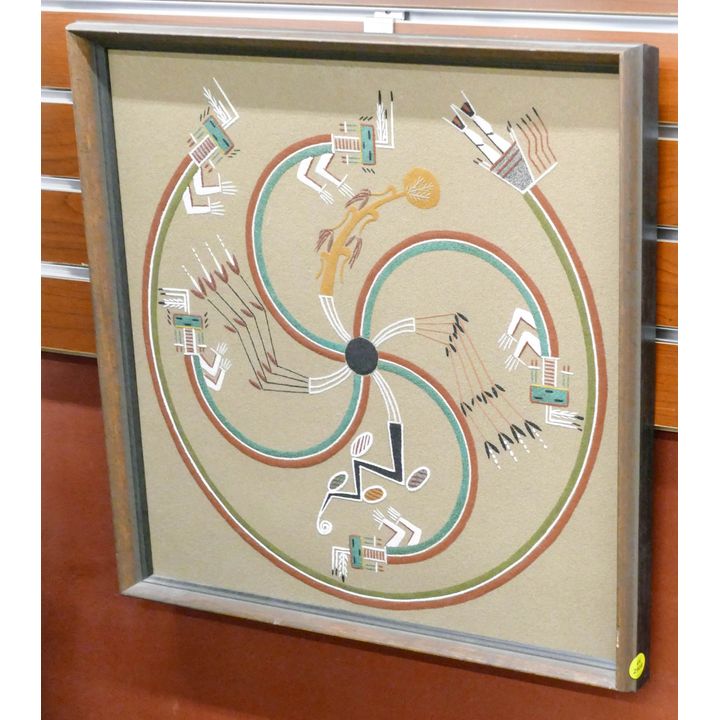 Wallace Ben 'Whirling Rainbow' Navajo Sand Painting Framed- 20x19''