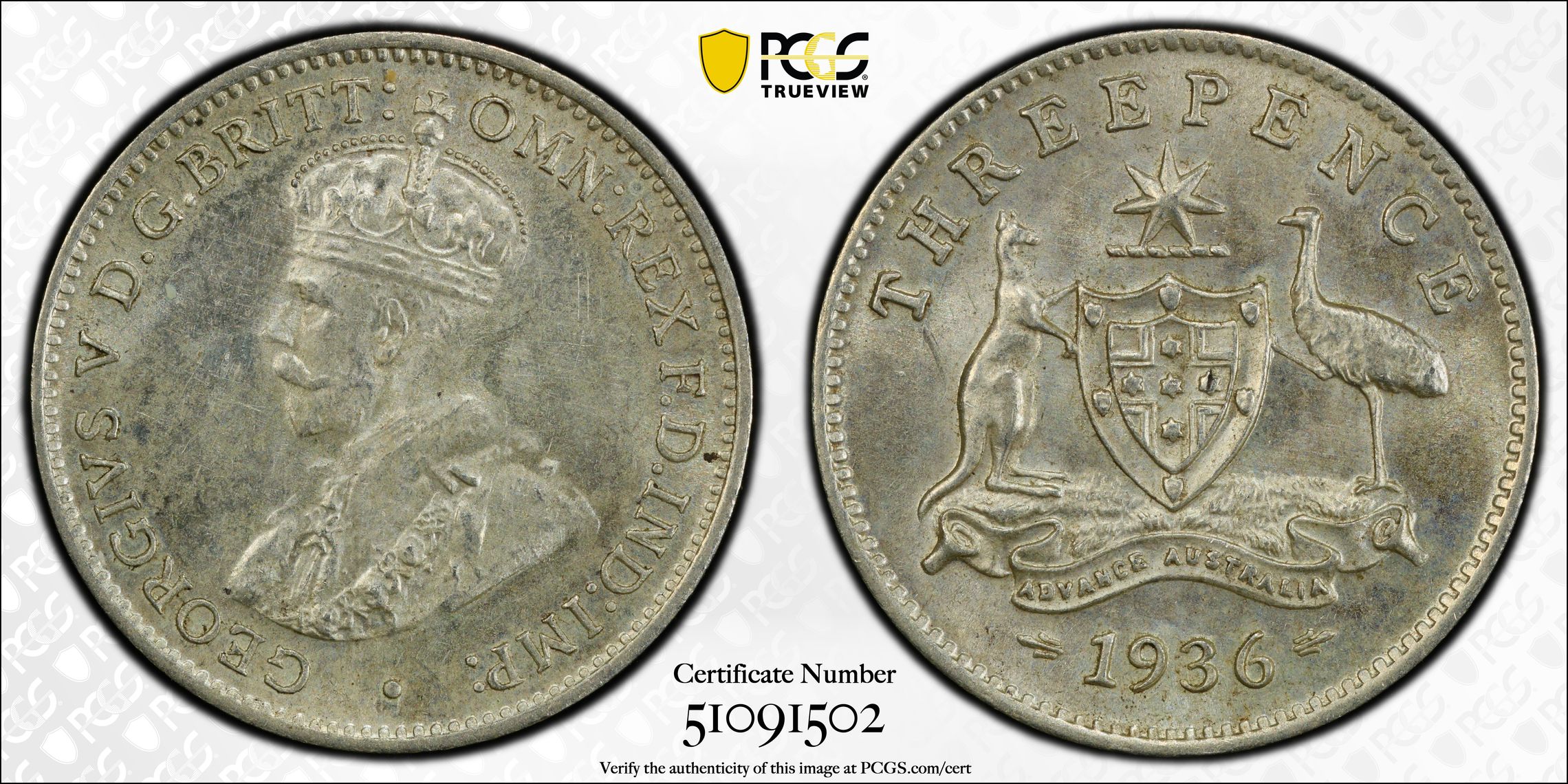 George V, Threepence, 1936(m), PCGS MS62