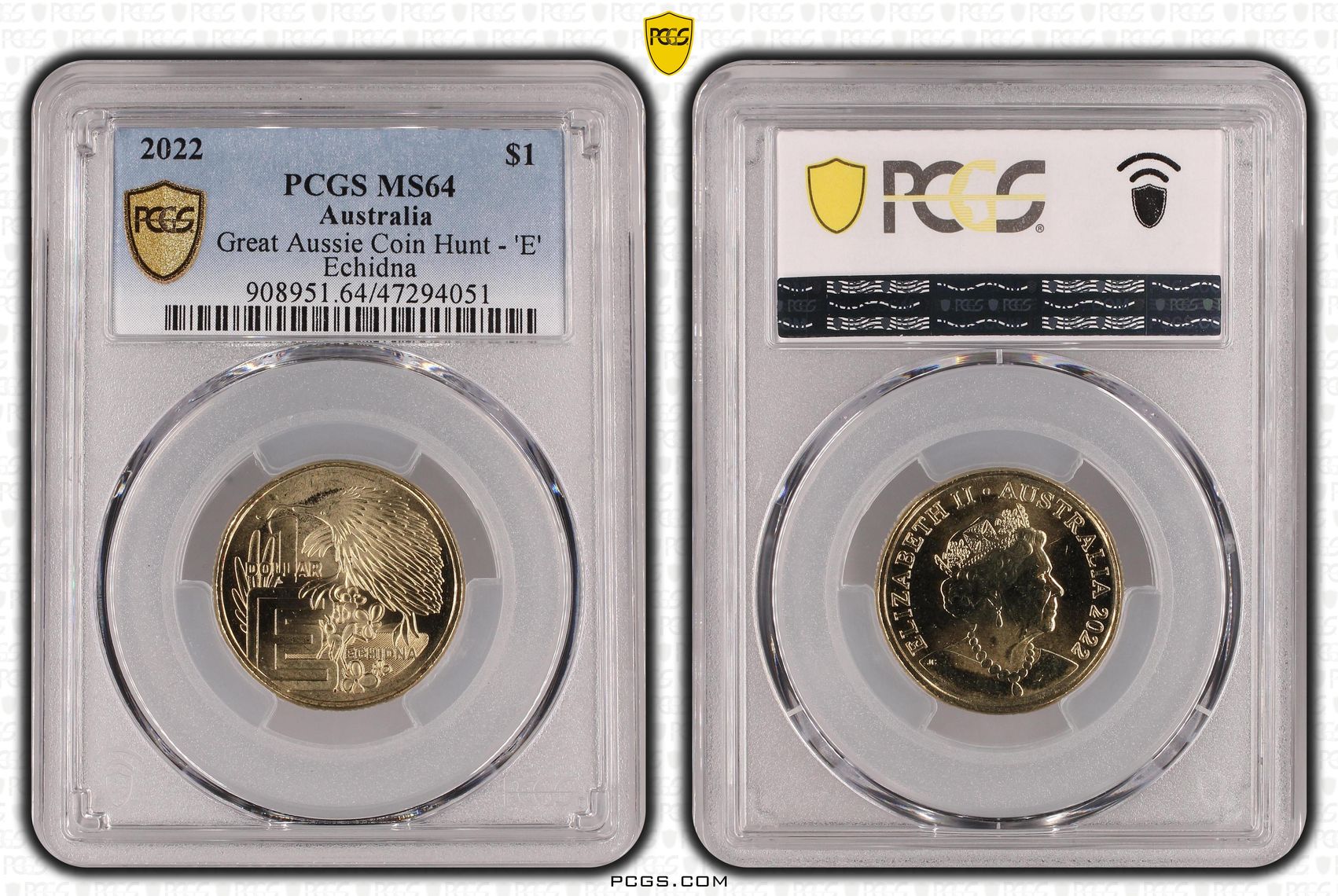 Great Aussie Coin Hunt - 'E', One Dollar, 2022, PCGS MS 64