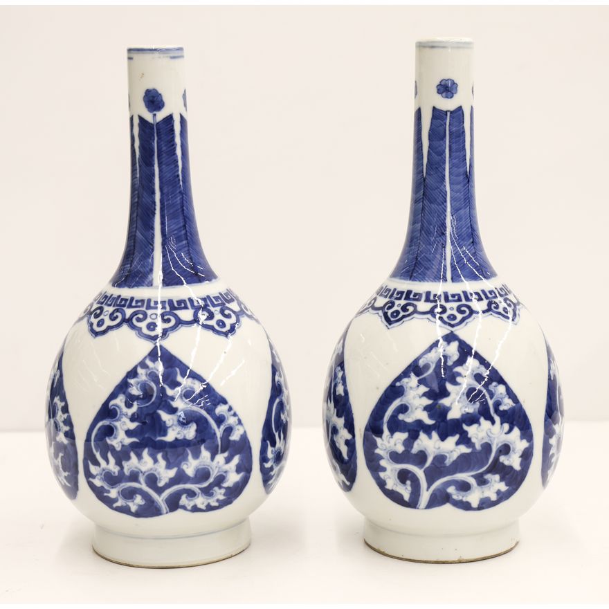Pair Chinese Blue & White Bottle Vases