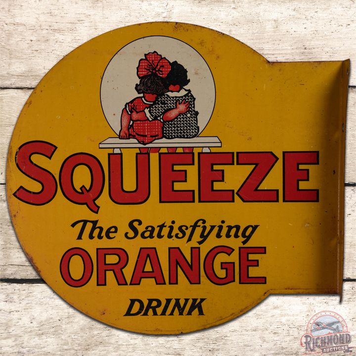 Squeeze Satisfying Orange Drink Tin Flange Sign - 8 & 6.9