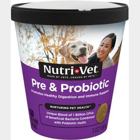 120 COUNT NUTRI-VET PRE AND PROBIOTIC SOFT CHEWS FOR DOGS, DIGESTIVE SUPPORT, UPSET STOMACH, LIVER & CHEESE FLAVOR, CANINE PREBIOT
