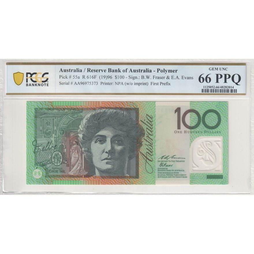 Fraser/Evans, First Prefix, One Hundred Dollar, 1996, PCGS Gem UNC 66 PPQ